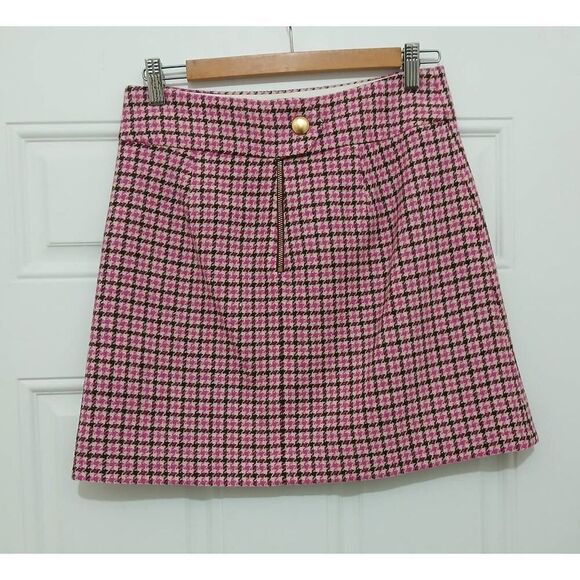 J crew women size 0 wool tweed plaid A-line mini skirt houndstooth pink - Picture 1 of 6
